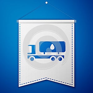 Blue Tanker truck icon isolated on blue background. Petroleum tanker, petrol truck, cistern, oil trailer. White pennant