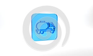 Blue Tanker truck icon isolated on grey background. Petroleum tanker, petrol truck, cistern, oil trailer. Glass square