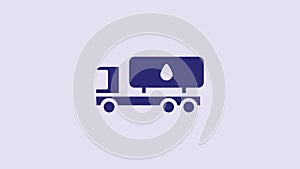 Blue Tanker truck icon isolated on purple background. Petroleum tanker, petrol truck, cistern, oil trailer. 4K Video