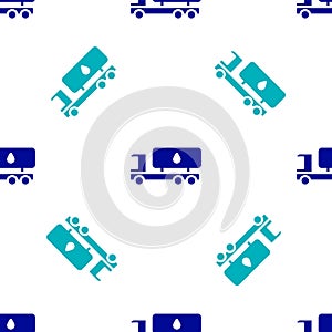 Blue Tanker truck icon isolated seamless pattern on white background. Petroleum tanker, petrol truck, cistern, oil