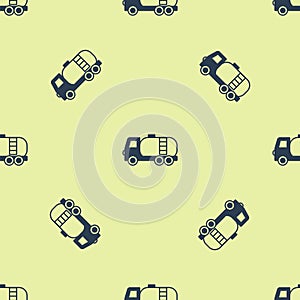 Blue Tanker truck icon isolated seamless pattern on yellow background. Petroleum tanker, petrol truck, cistern, oil