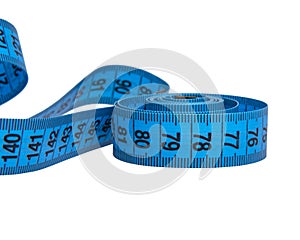 Blue tape measure tool isolated on the white background