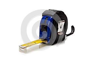 Blue tape measure on a white background