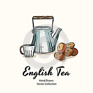 Blue teapot, cup and donuts hand drawn vector illustration in old style for cafe menu, logo, banner, flayer