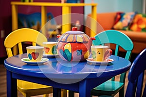 a blue teapot on a kids cafe table surrounded by colorful cups and saucers