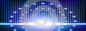 Blue tech grid background with light beam spots