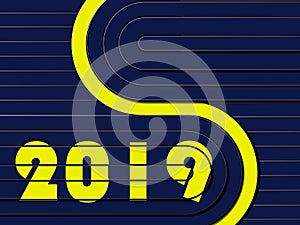 Blue techno background with yellow stripes with numbers 2019
