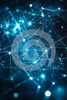 Blue Technology Background, Abstract Electronic Pathway in Lines, Connected Dots, and Triangles