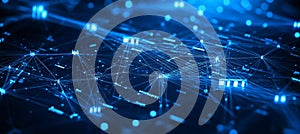 Blue Technology Background Abstract Network Visualization with Lines, Dots, and Data Flow