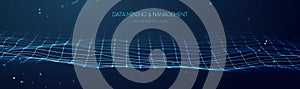 Blue technology background. Data mining and management. Flow banner data transfer science illustration. Finance concept