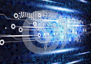 Blue technology background of world digital on circuit board