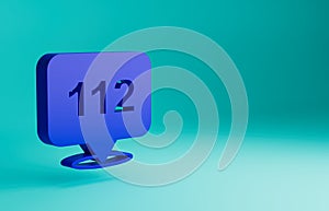 Blue Telephone with emergency call 112 icon isolated on blue background. Police, ambulance, fire department, call, phone