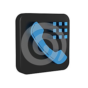 Blue Telephone handset icon isolated on transparent background. Phone sign. Black square button.