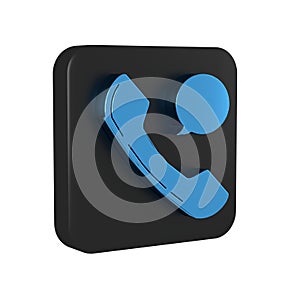 Blue Telephone handset and speech bubble chat icon isolated on transparent background. Phone sign. Black square button.