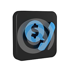 Blue Telephone handset and speech bubble chat icon isolated on transparent background. Phone sign. Black square button.