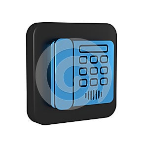 Blue Telephone icon isolated on transparent background. Landline phone. Black square button.