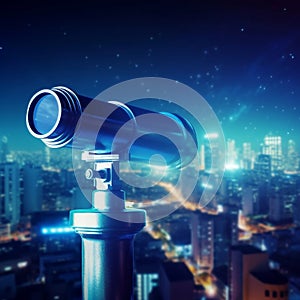 Blue Telescope with Blurred City Background. Generative AI