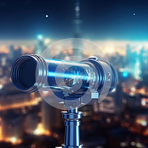 Blue Telescope with Blurred City Background. Generative AI