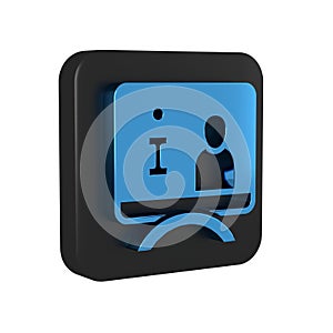 Blue Television report icon isolated on transparent background. TV news. Black square button.