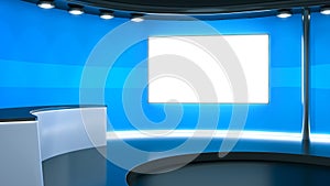 A blue television studio background