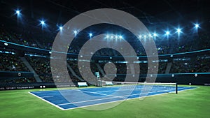 Blue tennis court and illuminated indoor arena with fans, court view
