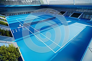 Blue tennis court with sunlight. Indoor arena tournament. Competition game.