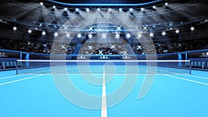 Blue tennis court view and stadium full of spectators with spotlights