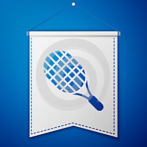 Blue Tennis racket icon isolated on blue background. Sport equipment. White pennant template. Vector Illustration