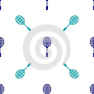 Blue Tennis racket icon isolated seamless pattern on white background. Sport equipment. Vector Illustration