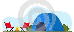 Blue tent, campfire and chairs. Banner, poster for Climbing, hiking, trakking sport, adventure tourism, travel, backpacking.