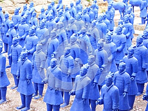 Blue terracota warriors line up photo