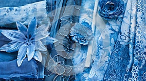 Blue Textile Assortment with Floral Patterns and Embellishments photo