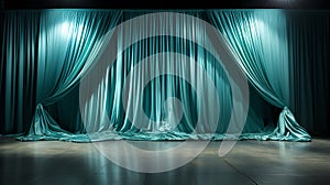 Blue theater curtain with spotlights, 3d render illustration, horizontal