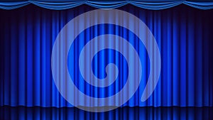 Blue Theater Curtain Vector. Theater, Opera Or Cinema Empty Silk Stage, Blue Scene. Realistic Illustration