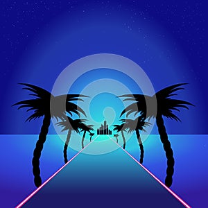 Blue themed retro synthwave retro design.