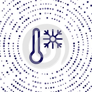 Blue Thermometer with snowflake icon isolated on white background. Abstract circle random dots. Vector