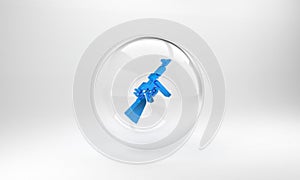 Blue Thompson tommy submachine gun icon isolated on grey background. American submachine gun. Glass circle button. 3D