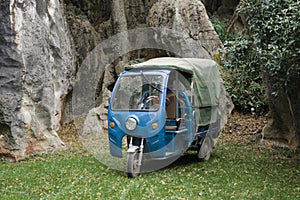 Blue three-wheeled transport vehicle in the Stone Forest