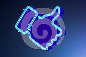 Blue Thumb Up Icon Mad Of Blue Neon Lamps. Like Icon on Blue Gradient Background. 3d rendering photo