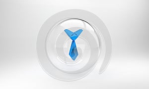 Blue Tie icon isolated on grey background. Necktie and neckcloth symbol. Glass circle button. 3D render illustration