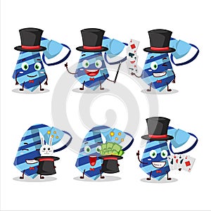 A blue tie Magician cartoon character perform on a stage