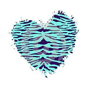 Blue Tiger Heart Shape Print. Wild animal skin pattern texture, zebra hand drawn brush stroke striped heart. Water tiger