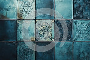 Blue tile wall close-up