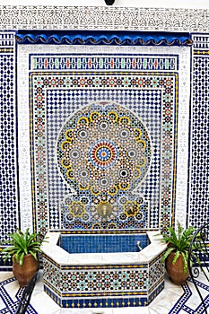 Blue Tiled Fountain in a Building, Fez, Morocco