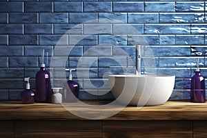 Blue tiled wall in the wall of a bathroom with a wooden countertop glass jars and a mode sink