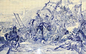 Blue tiles azulejos depicting Prince Henry the Navigator during the conquest of Ceuta in 1415. Sao Bento train station. Port