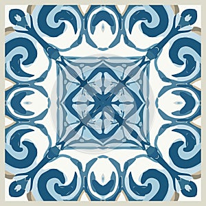 Blue Tiles Background, Old Fasion Retro Azulejo Mosaic Tile, Vintage Portuguese Wall Ceramic Seamless Pattern