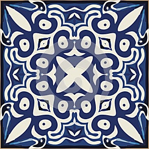 Blue Tiles Background, Old Fasion Retro Azulejo Mosaic Tile, Vintage Portuguese Wall Ceramic Seamless Pattern