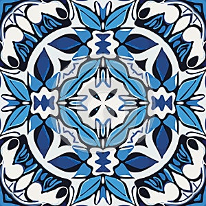 Blue Tiles Background, Old Fasion Retro Azulejo Mosaic Tile, Vintage Portuguese Wall Ceramic Seamless Pattern