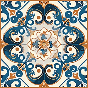 Blue Tiles Background, Old Fasion Retro Azulejo Mosaic Tile, Vintage Portuguese Wall Ceramic Seamless Pattern